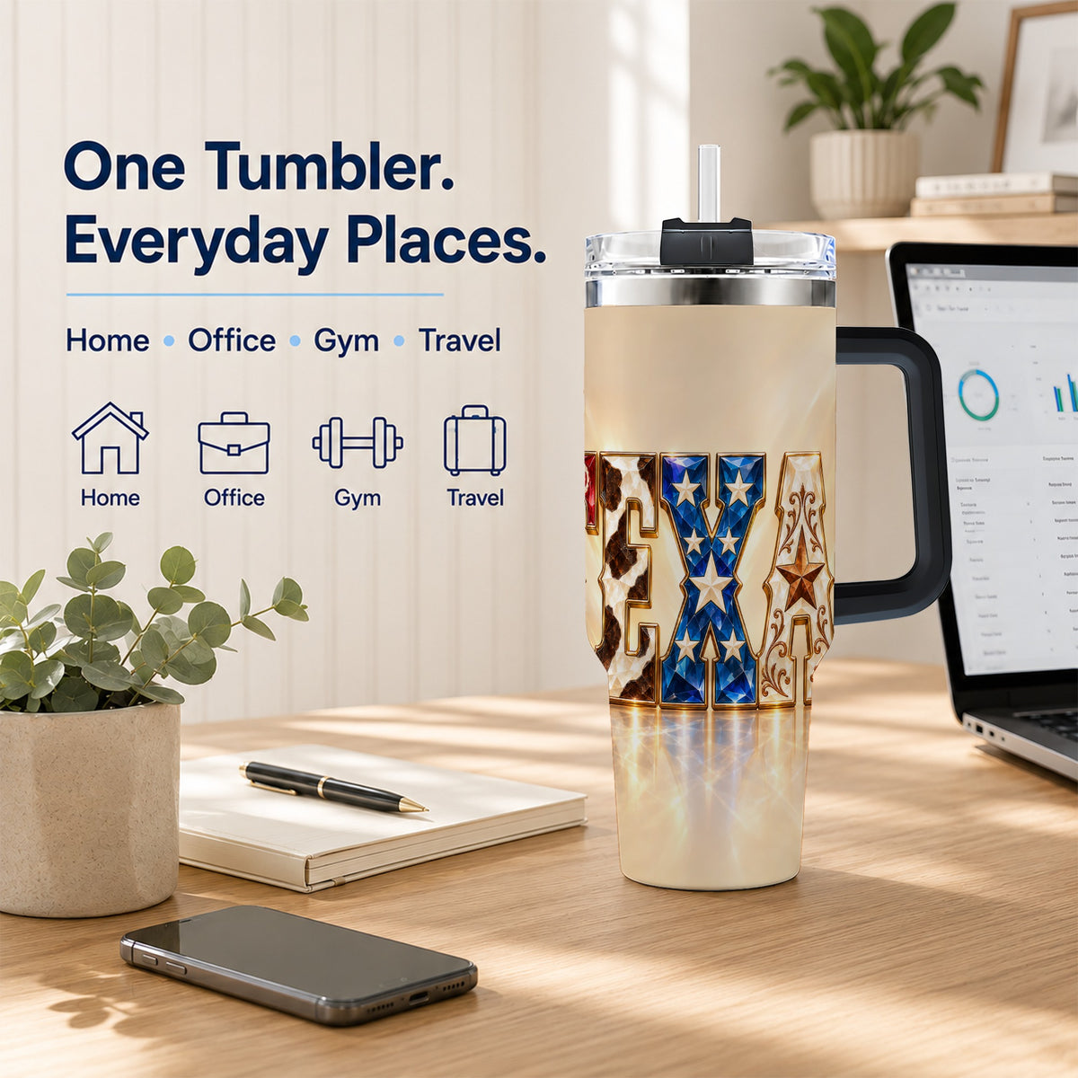#pl[40oz|Black] Texas Stars 40oz Tumbler with Handle, Western Stainless Steel Travel Cup