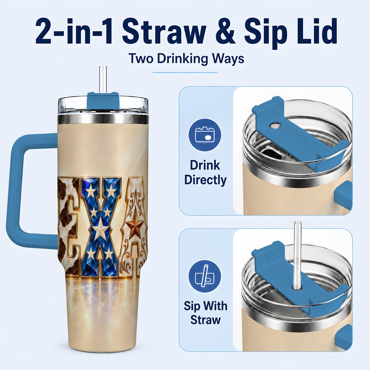 #pl[40oz|Blue] Texas Stars 40oz Tumbler with Handle, Western Stainless Steel Travel Cup