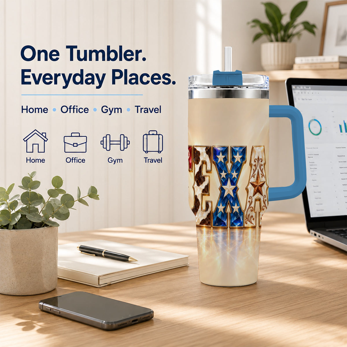#pl[40oz|Blue] Texas Stars 40oz Tumbler with Handle, Western Stainless Steel Travel Cup