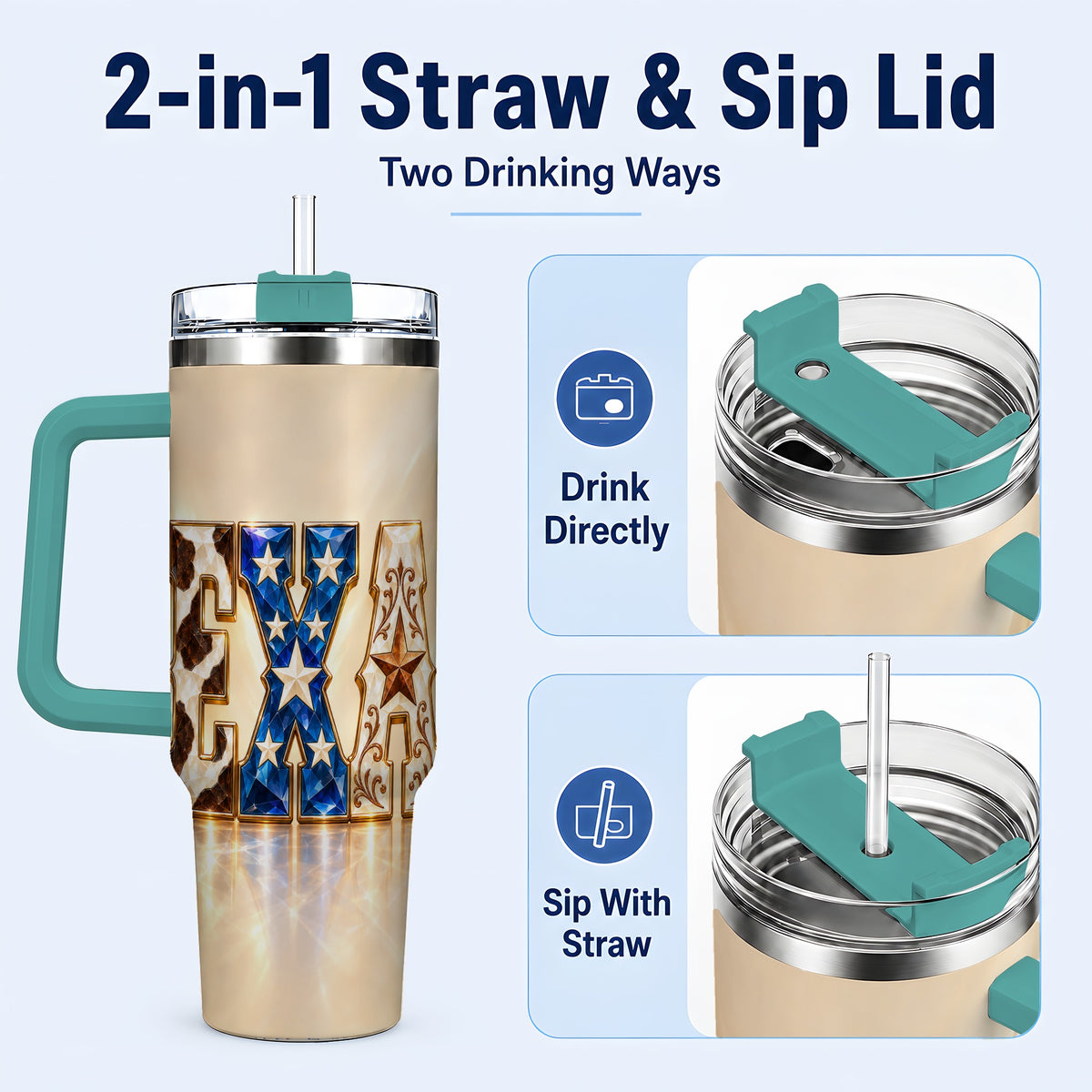 #pl[40oz|Green] Texas Stars 40oz Tumbler with Handle, Western Stainless Steel Travel Cup