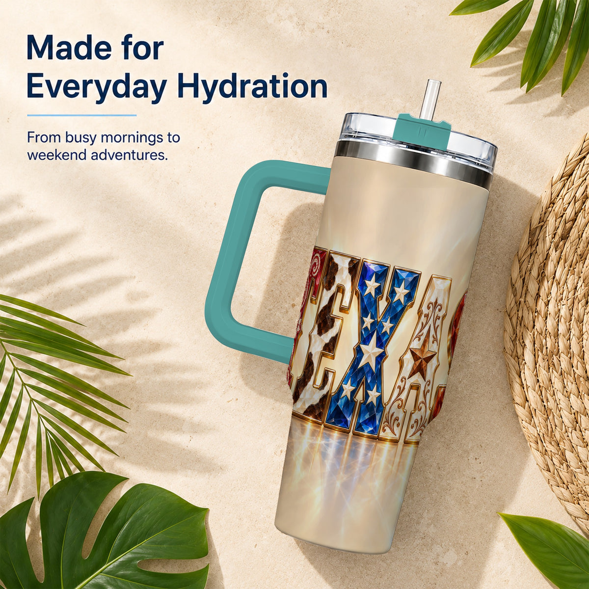 #pl[40oz|Green] Texas Stars 40oz Tumbler with Handle, Western Stainless Steel Travel Cup