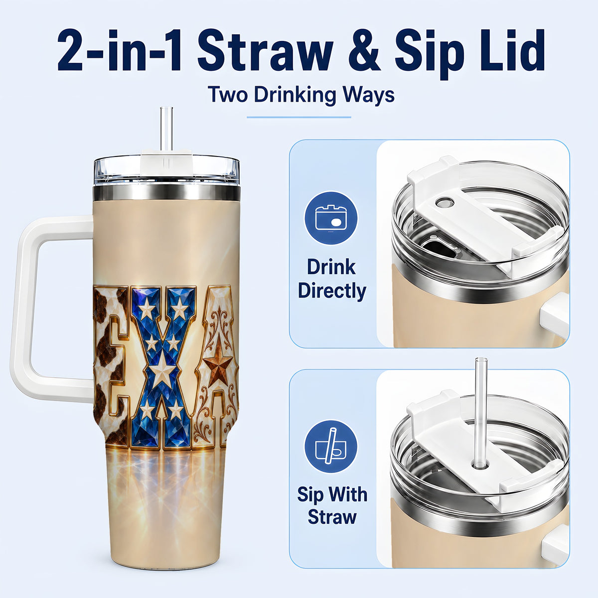 #pl[40oz|White] Texas Stars 40oz Tumbler with Handle, Western Stainless Steel Travel Cup