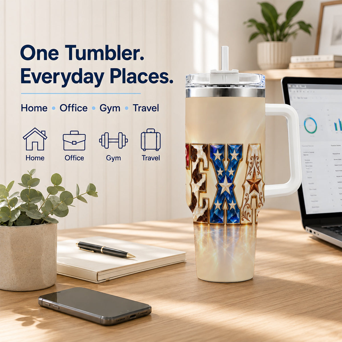 #pl[40oz|White] Texas Stars 40oz Tumbler with Handle, Western Stainless Steel Travel Cup