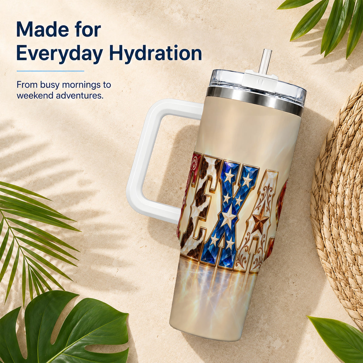 #pl[40oz|White] Texas Stars 40oz Tumbler with Handle, Western Stainless Steel Travel Cup
