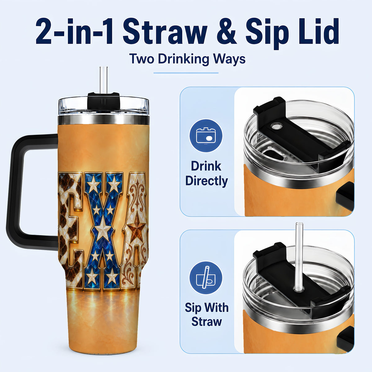 #pl[40oz|Black] Texas Gemstone 40oz Tumbler with Handle, Western Stainless Steel Travel Cup