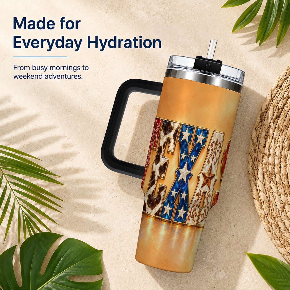 #pl[40oz|Black] Texas Gemstone 40oz Tumbler with Handle, Western Stainless Steel Travel Cup