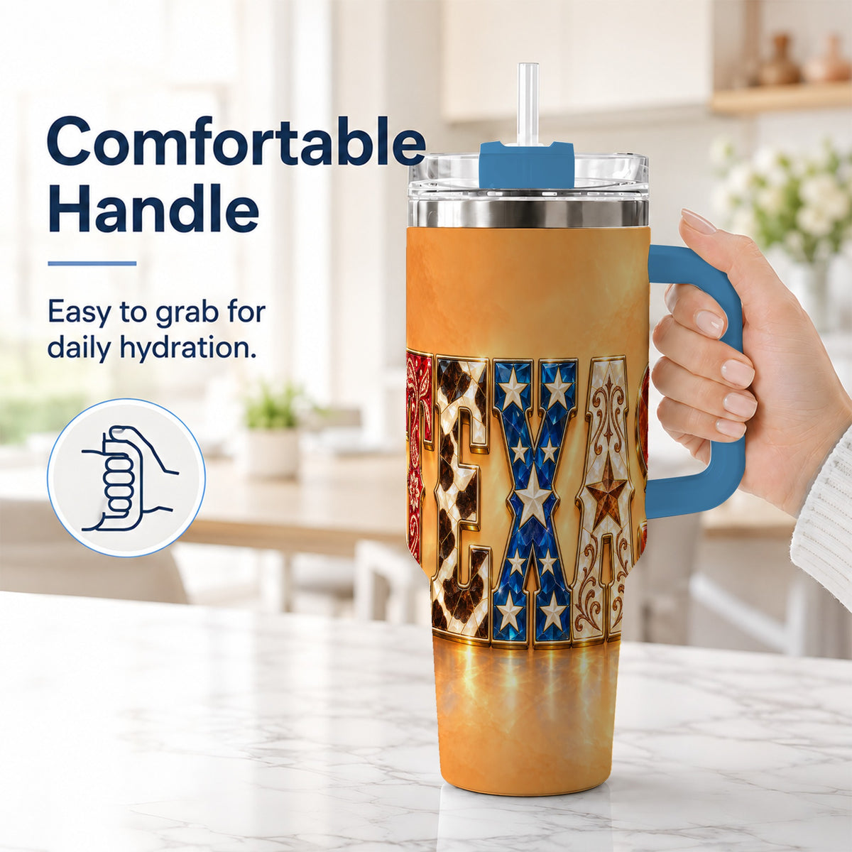 #pl[40oz|Blue] Texas Gemstone 40oz Tumbler with Handle, Western Stainless Steel Travel Cup