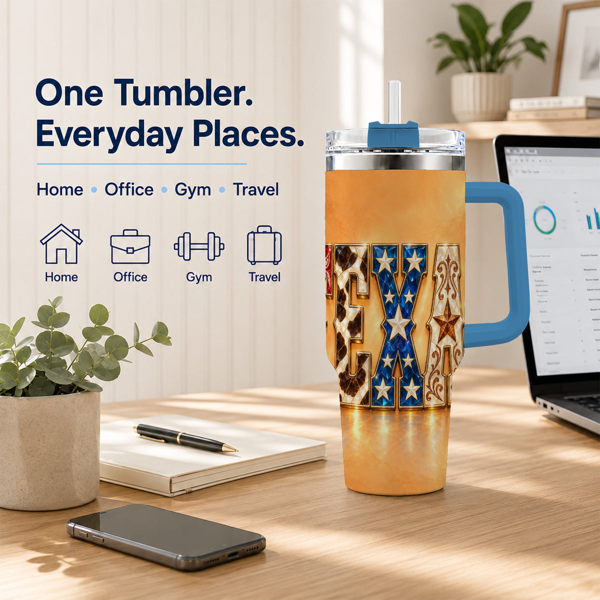 #pl[40oz|Blue] Texas Gemstone 40oz Tumbler with Handle, Western Stainless Steel Travel Cup