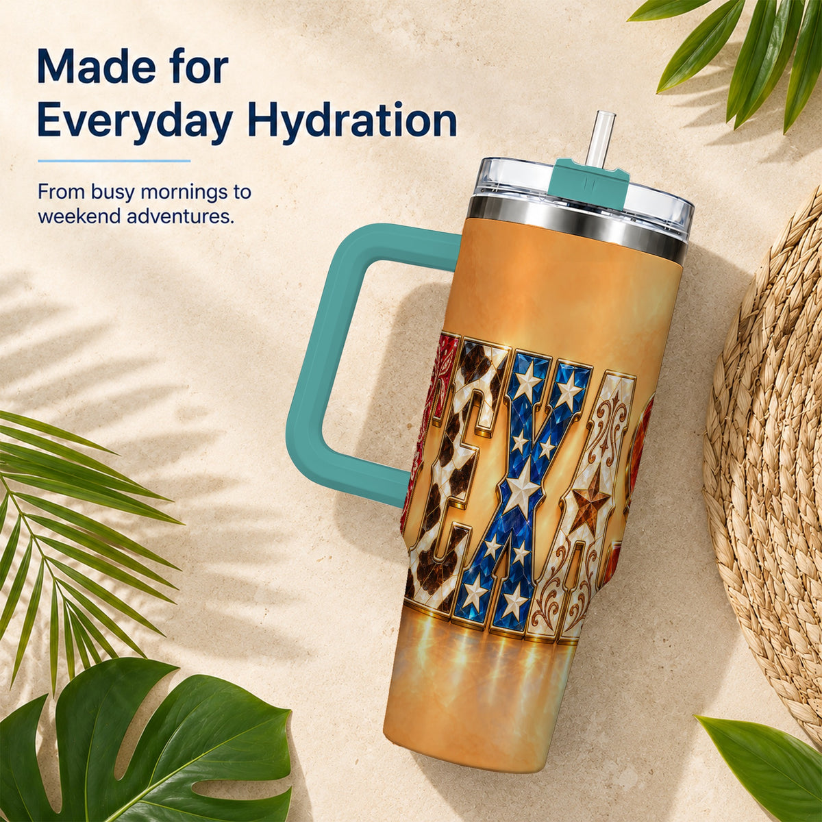 #pl[40oz|Green] Texas Gemstone 40oz Tumbler with Handle, Western Stainless Steel Travel Cup
