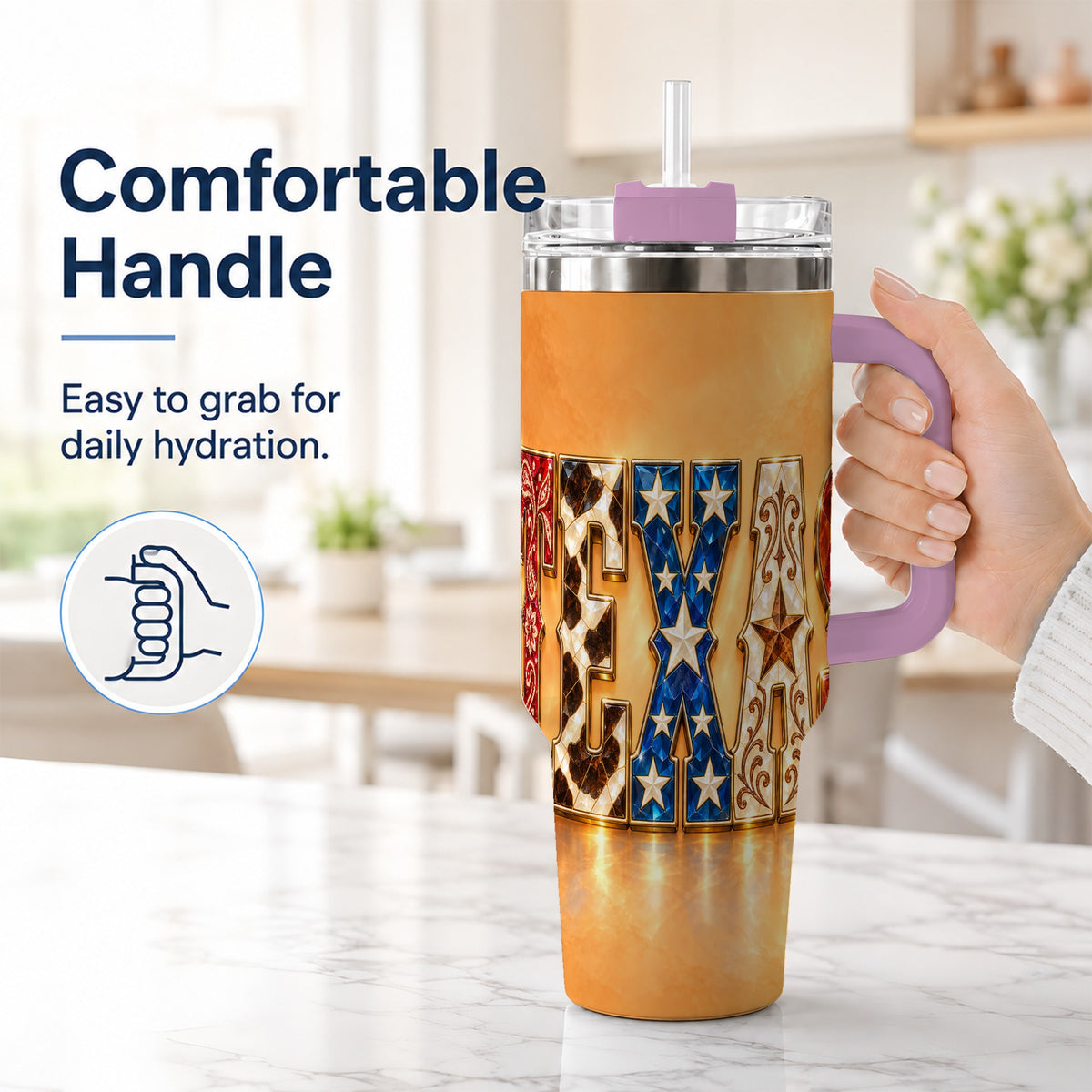 #pl[40oz|Pink] Texas Gemstone 40oz Tumbler with Handle, Western Stainless Steel Travel Cup