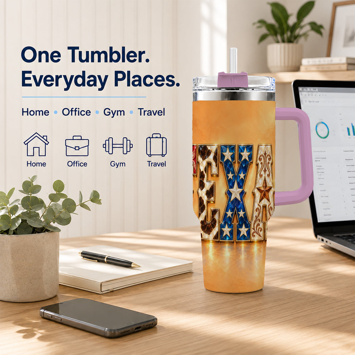 #pl[40oz|Pink] Texas Gemstone 40oz Tumbler with Handle, Western Stainless Steel Travel Cup