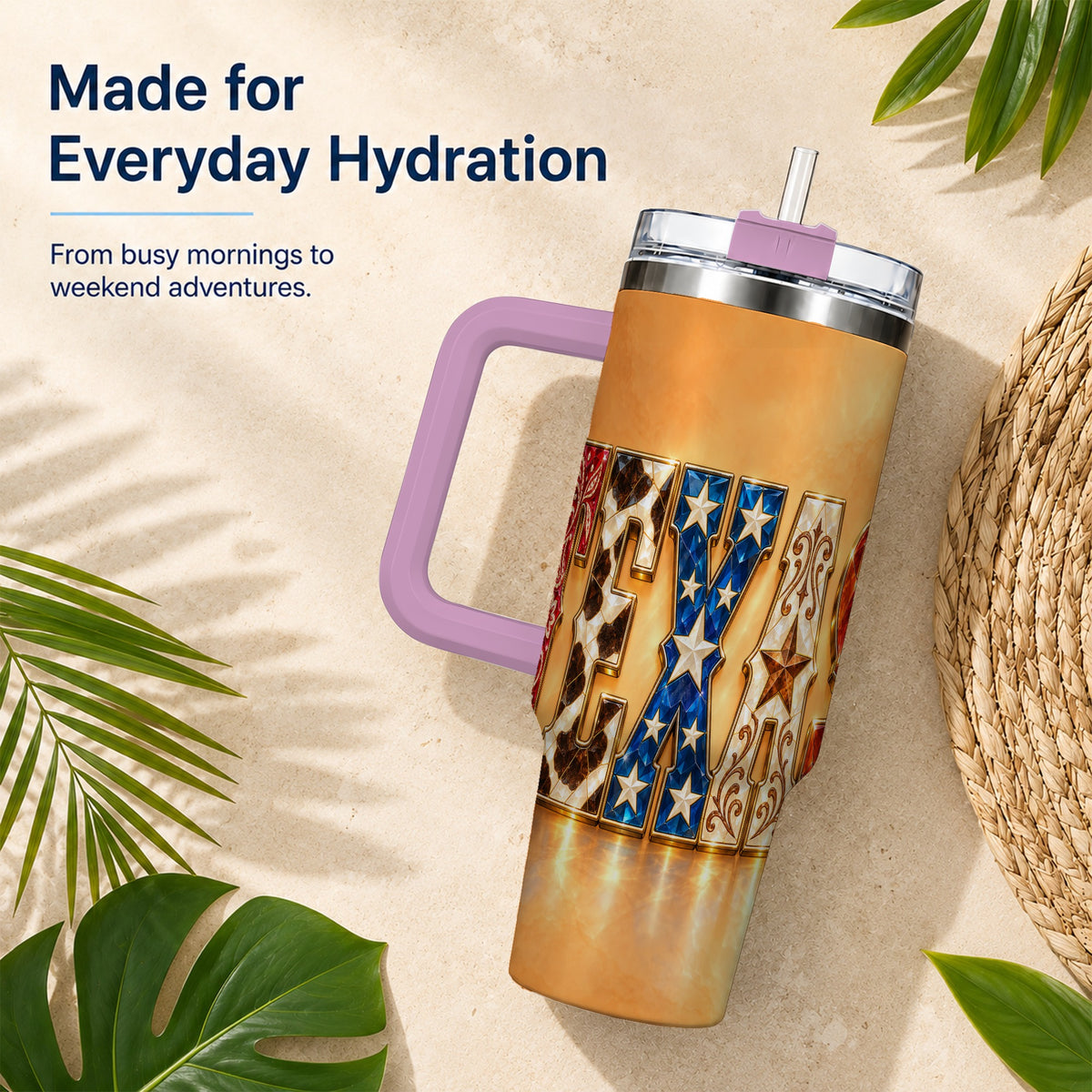 #pl[40oz|Pink] Texas Gemstone 40oz Tumbler with Handle, Western Stainless Steel Travel Cup