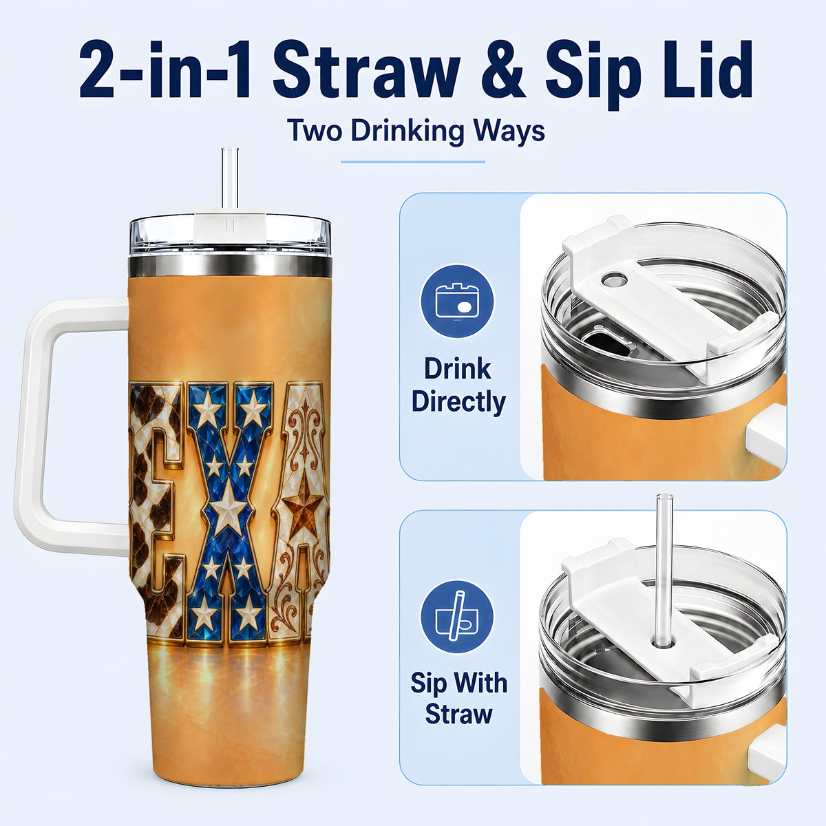 #pl[40oz|White] Texas Gemstone 40oz Tumbler with Handle, Western Stainless Steel Travel Cup