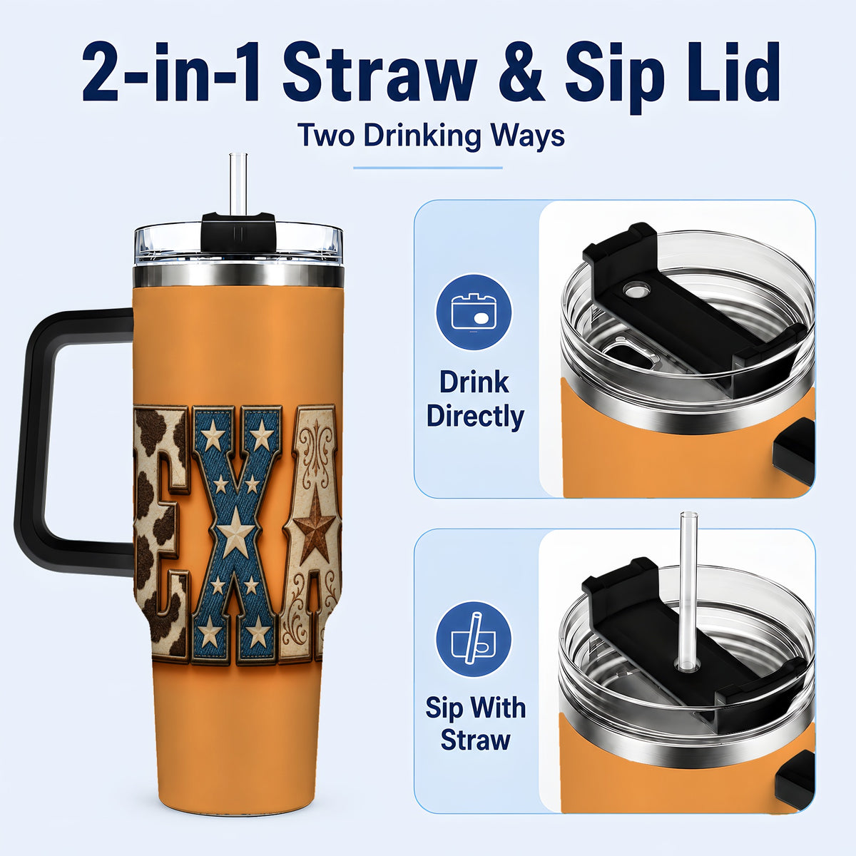 #pl[40oz|Black] Texas Rustic 40oz Tumbler with Handle, Western Stainless Steel Travel Cup
