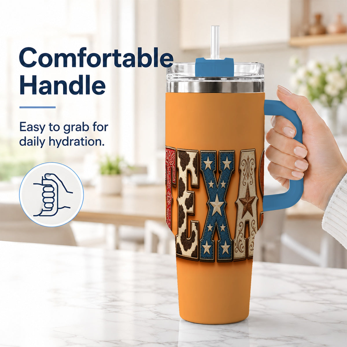 #pl[40oz|Blue] Texas Rustic 40oz Tumbler with Handle, Western Stainless Steel Travel Cup