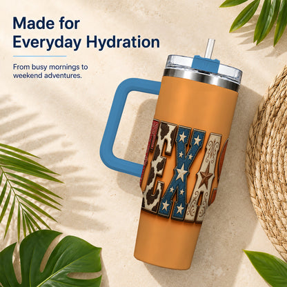 #pl[40oz|Blue] Texas Rustic 40oz Tumbler with Handle, Western Stainless Steel Travel Cup