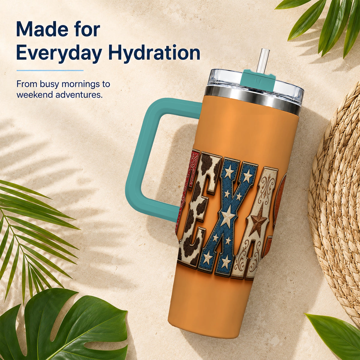 #pl[40oz|Green] Texas Rustic 40oz Tumbler with Handle, Western Stainless Steel Travel Cup