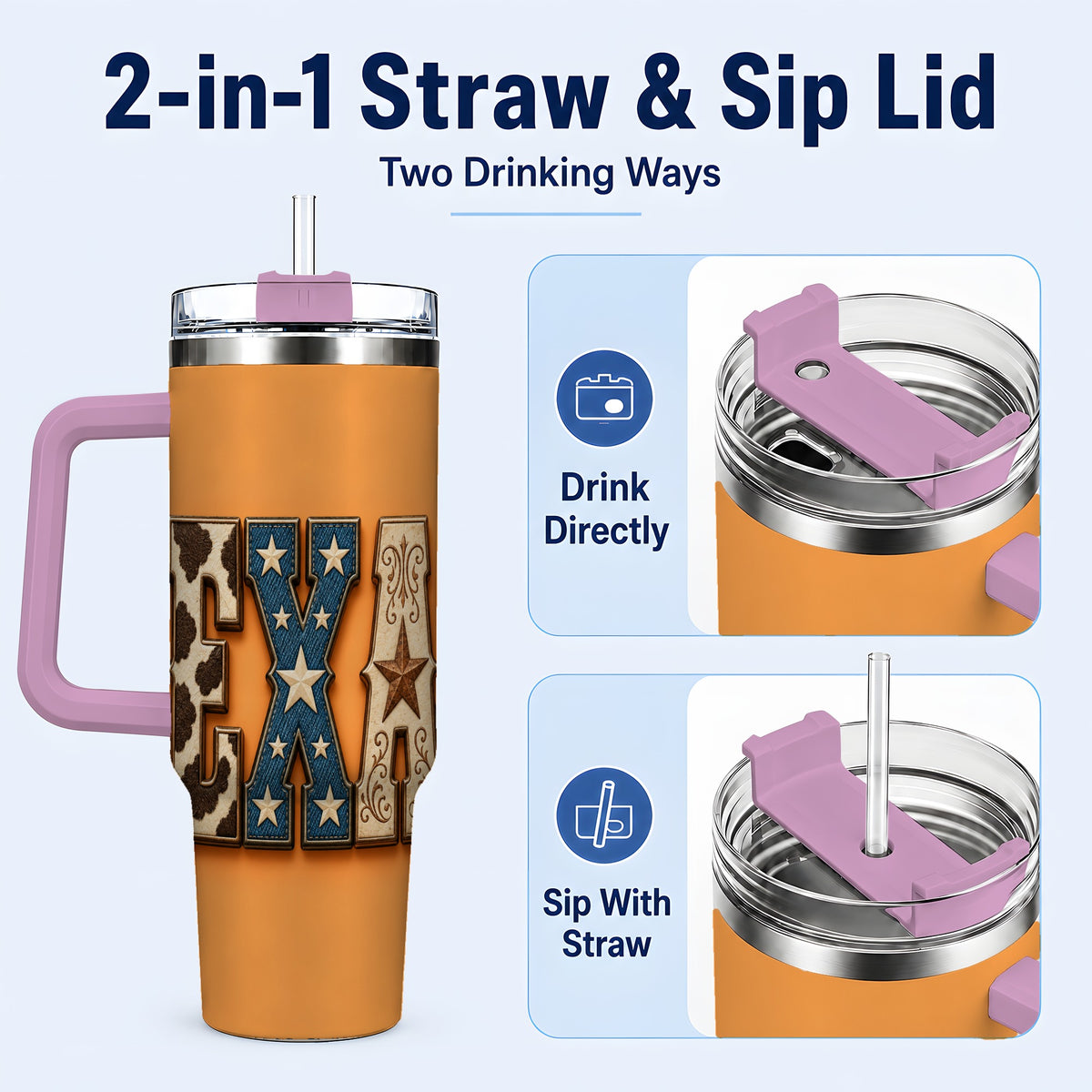 #pl[40oz|Pink] Texas Rustic 40oz Tumbler with Handle, Western Stainless Steel Travel Cup