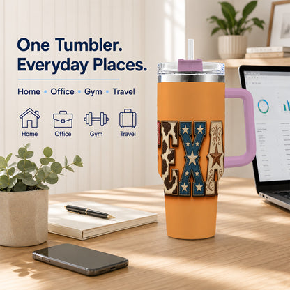 #pl[40oz|Pink] Texas Rustic 40oz Tumbler with Handle, Western Stainless Steel Travel Cup