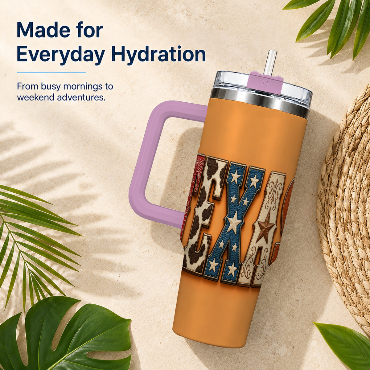 #pl[40oz|Pink] Texas Rustic 40oz Tumbler with Handle, Western Stainless Steel Travel Cup