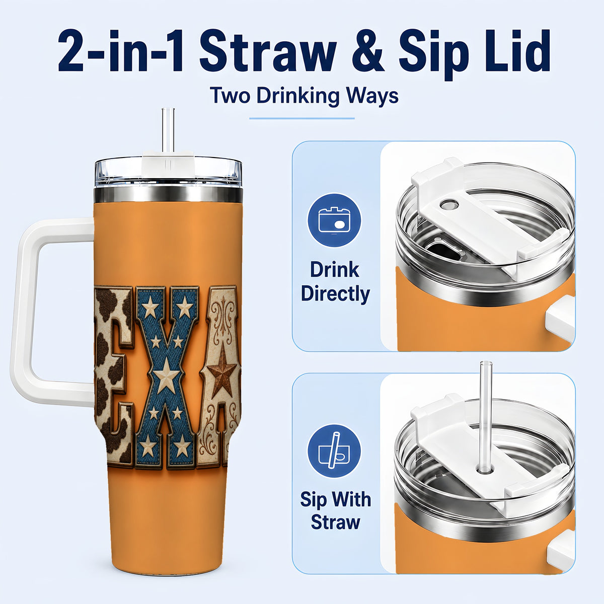 #pl[40oz|White] Texas Rustic 40oz Tumbler with Handle, Western Stainless Steel Travel Cup