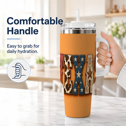 #pl[40oz|White] Texas Rustic 40oz Tumbler with Handle, Western Stainless Steel Travel Cup