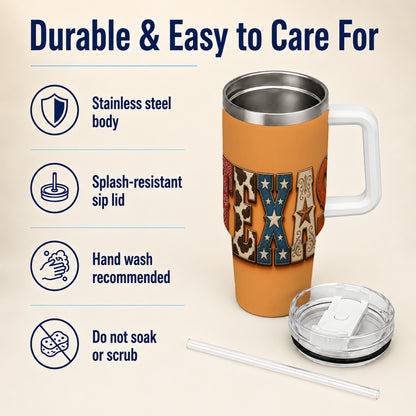 #pl[40oz|White] Texas Rustic 40oz Tumbler with Handle, Western Stainless Steel Travel Cup