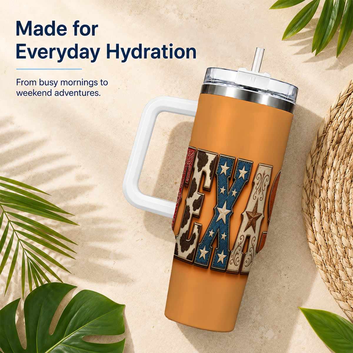 #pl[40oz|White] Texas Rustic 40oz Tumbler with Handle, Western Stainless Steel Travel Cup