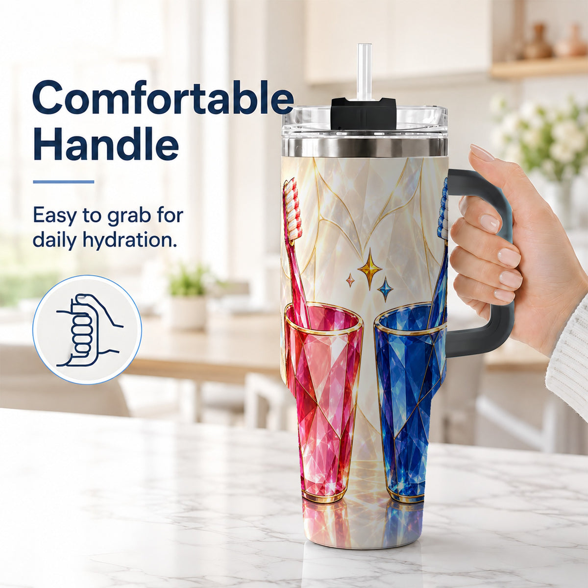 #pl[40oz|Black] Gemstone Toothbrush Pair 40oz Tumbler with Handle, Dental Travel Cup