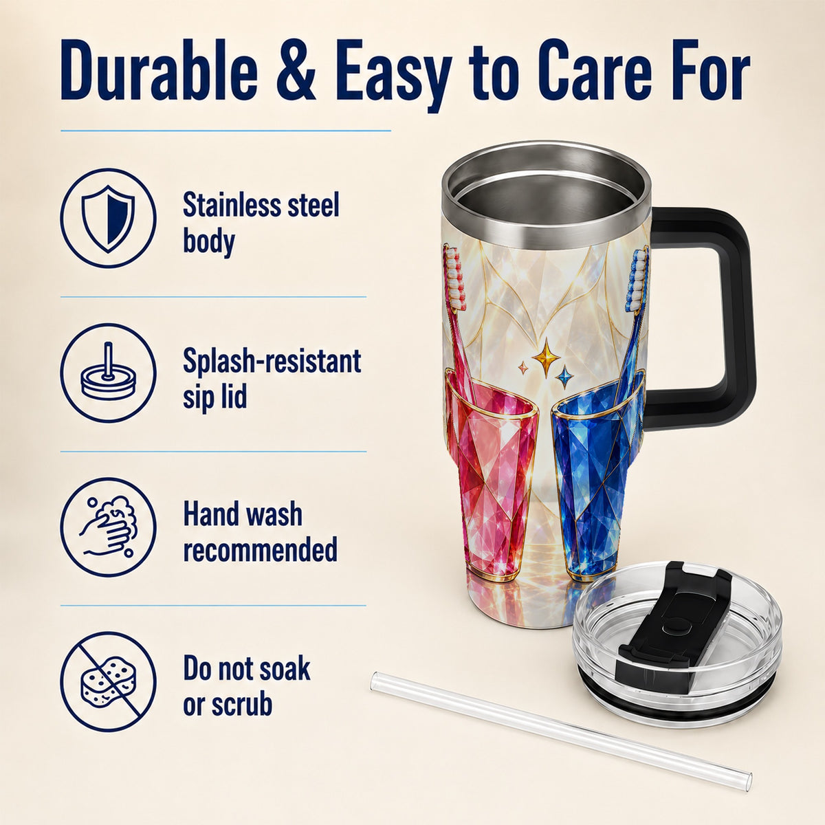 #pl[40oz|Black] Gemstone Toothbrush Pair 40oz Tumbler with Handle, Dental Travel Cup