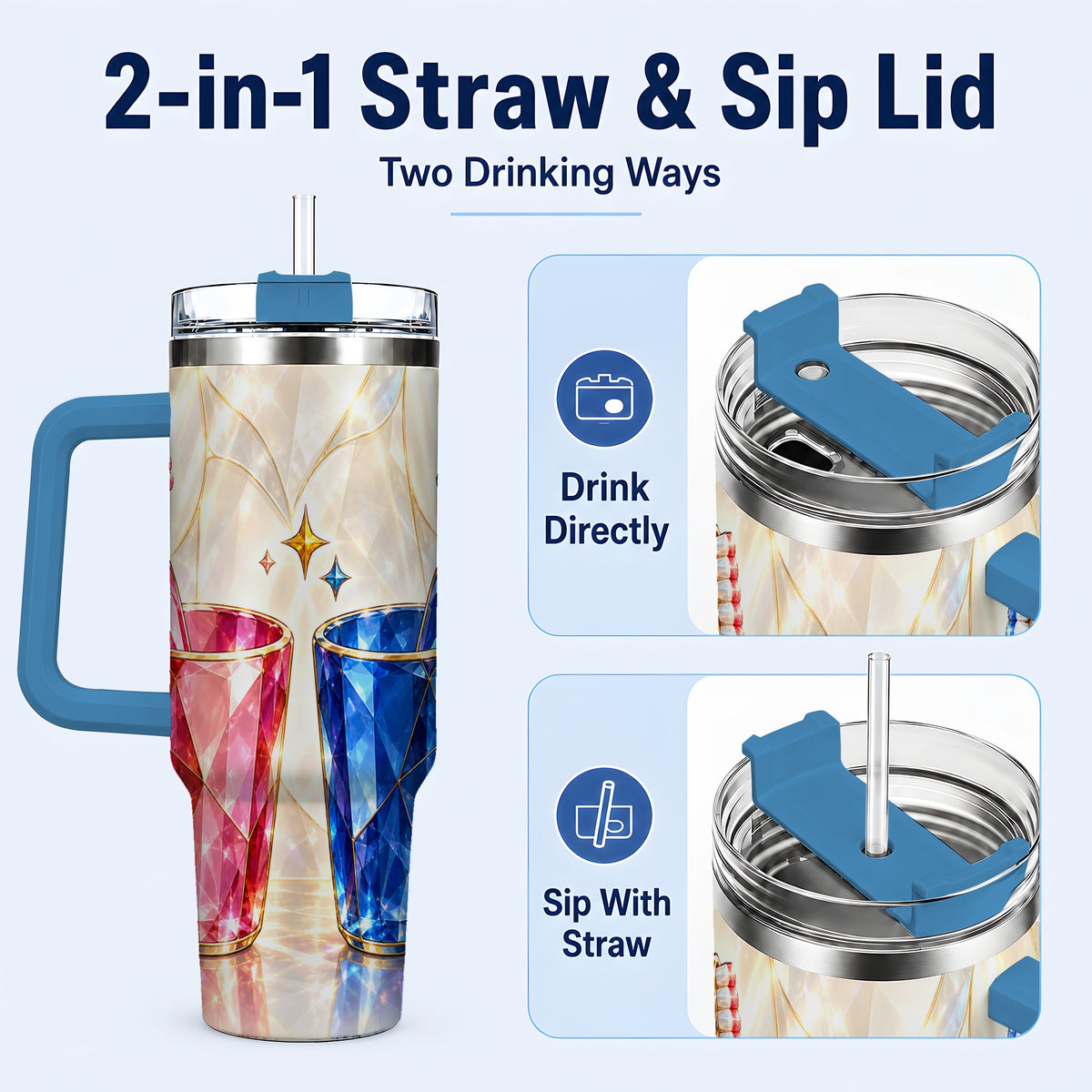 #pl[40oz|Blue] Gemstone Toothbrush Pair 40oz Tumbler with Handle, Dental Travel Cup