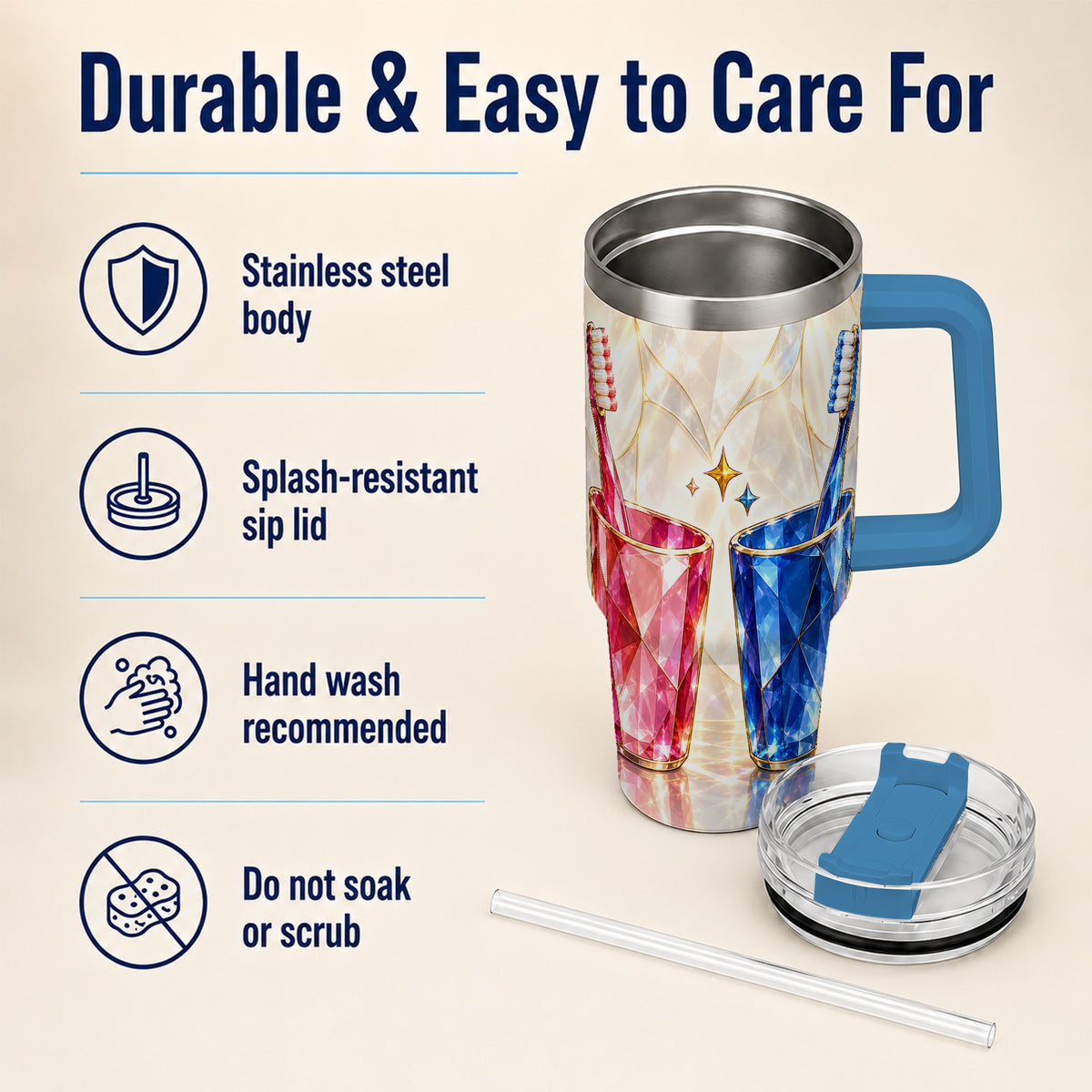 #pl[40oz|Blue] Gemstone Toothbrush Pair 40oz Tumbler with Handle, Dental Travel Cup