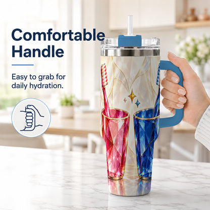 #pl[40oz|Blue] Gemstone Toothbrush Pair 40oz Tumbler with Handle, Dental Travel Cup