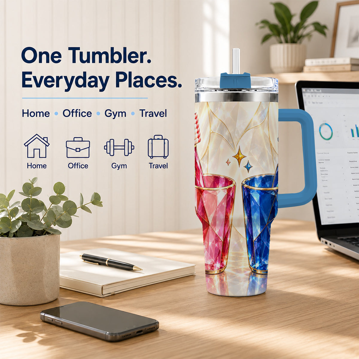 #pl[40oz|Blue] Gemstone Toothbrush Pair 40oz Tumbler with Handle, Dental Travel Cup