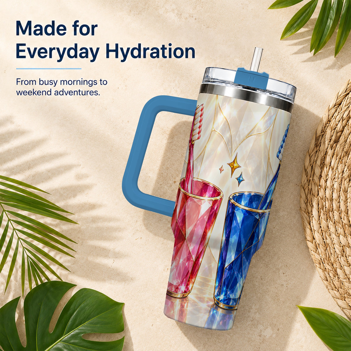 #pl[40oz|Blue] Gemstone Toothbrush Pair 40oz Tumbler with Handle, Dental Travel Cup
