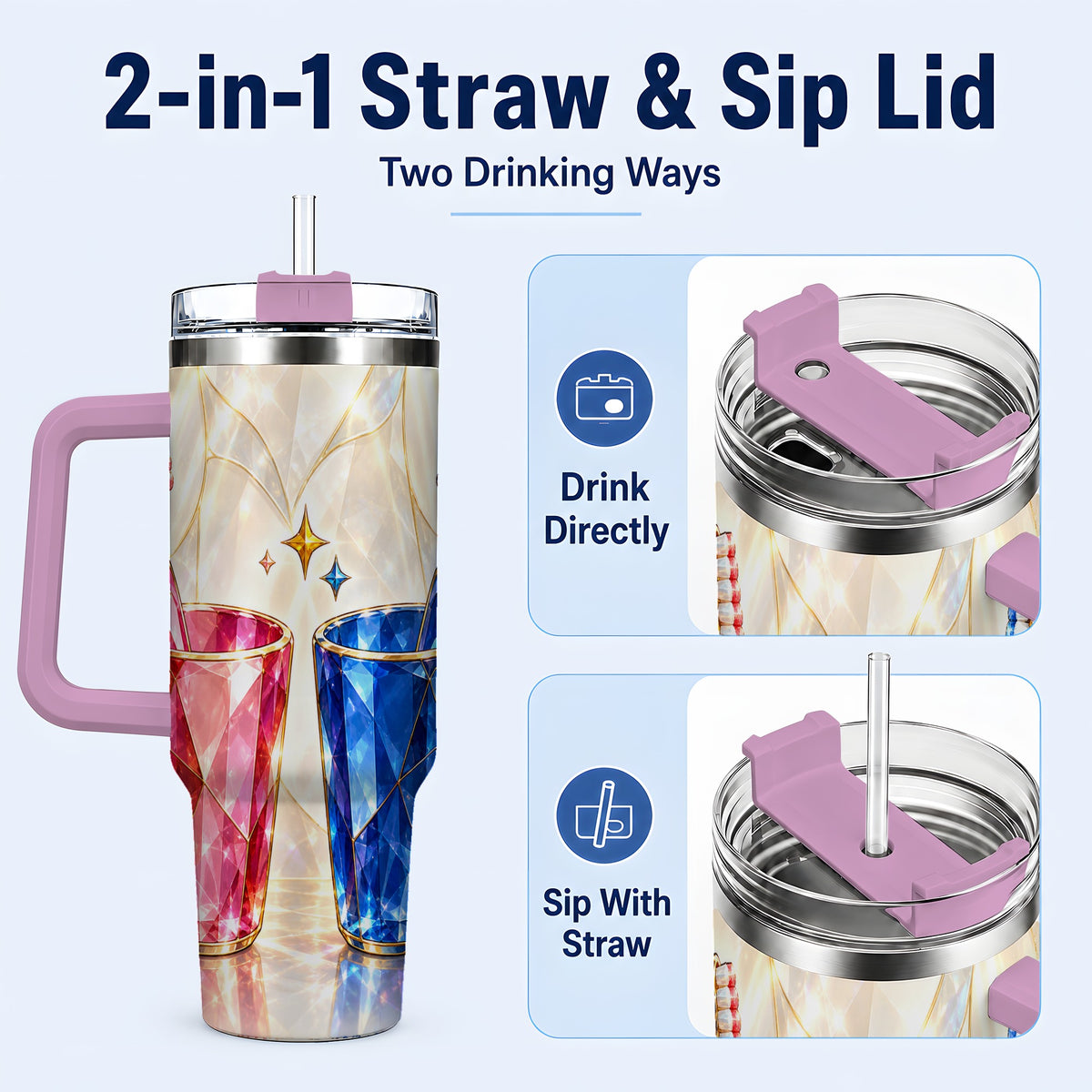 #pl[40oz|Pink] Gemstone Toothbrush Pair 40oz Tumbler with Handle, Dental Travel Cup