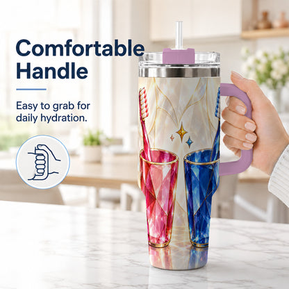 #pl[40oz|Pink] Gemstone Toothbrush Pair 40oz Tumbler with Handle, Dental Travel Cup