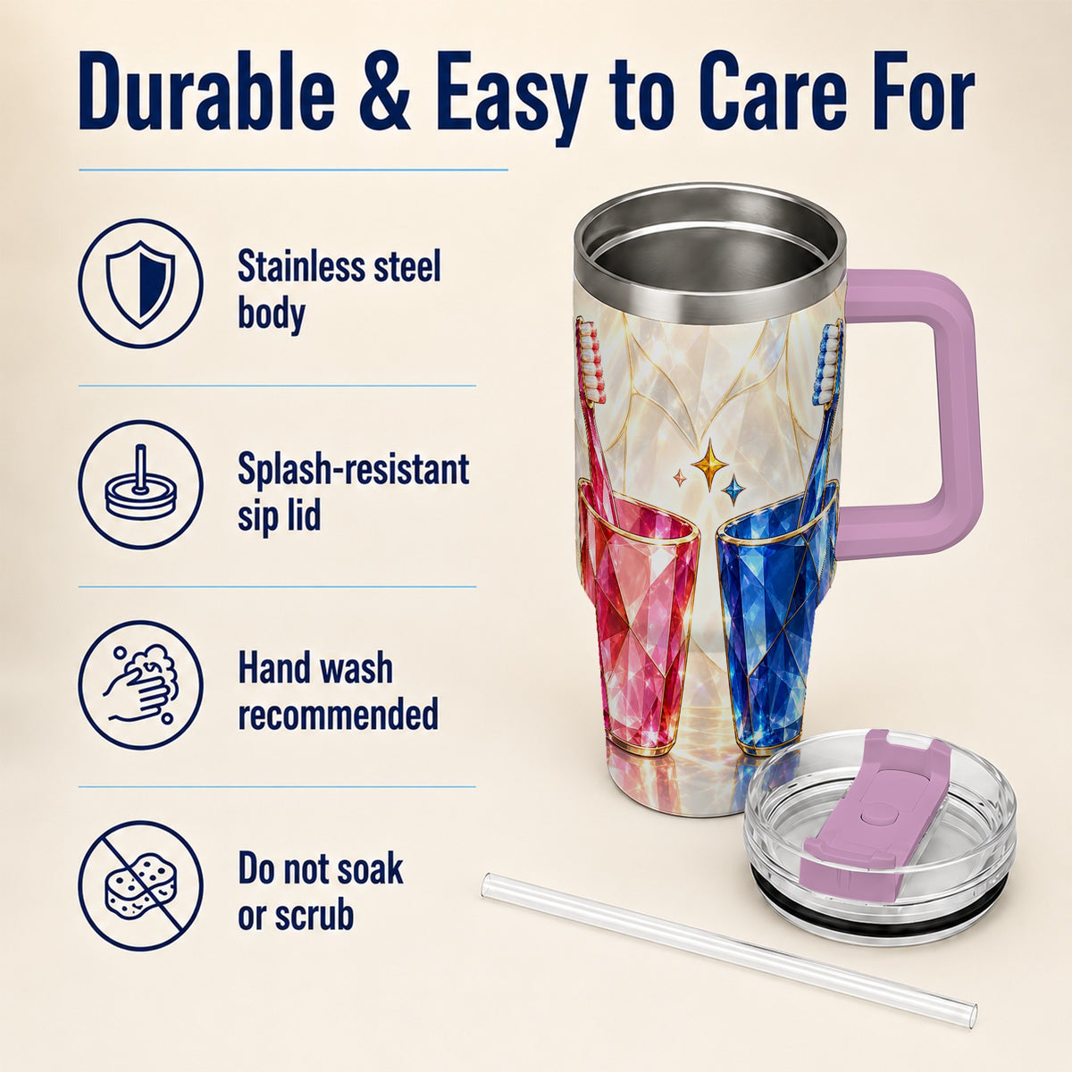 #pl[40oz|Pink] Gemstone Toothbrush Pair 40oz Tumbler with Handle, Dental Travel Cup