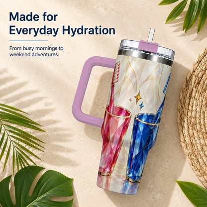 #pl[40oz|Pink] Gemstone Toothbrush Pair 40oz Tumbler with Handle, Dental Travel Cup