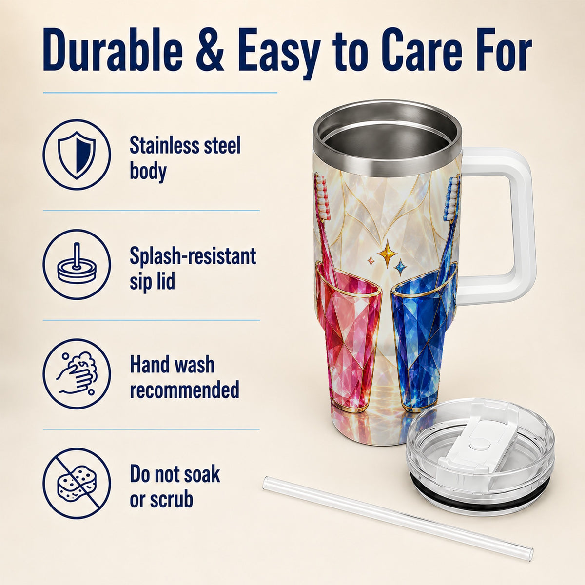 #pl[40oz|White] Gemstone Toothbrush Pair 40oz Tumbler with Handle, Dental Travel Cup