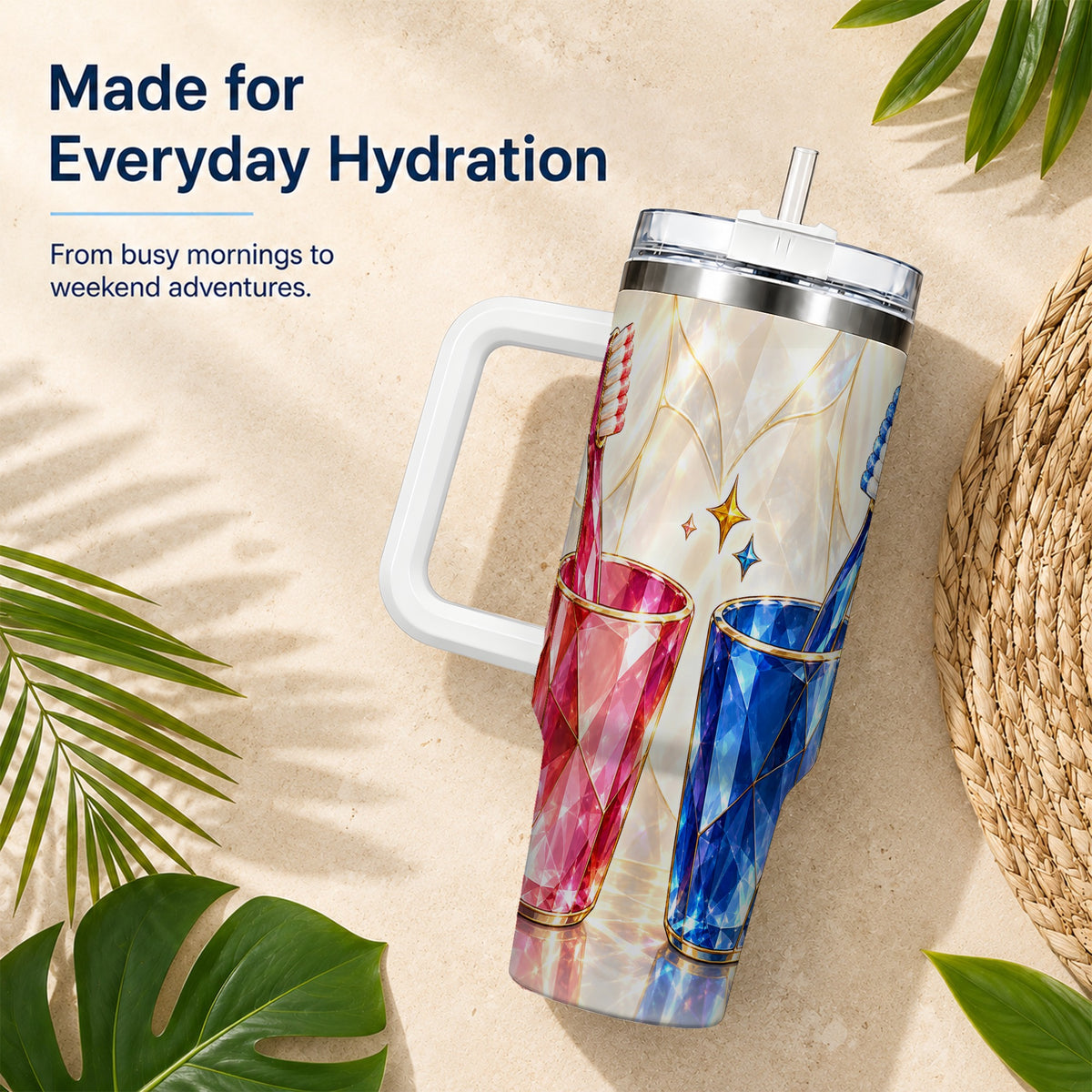 #pl[40oz|White] Gemstone Toothbrush Pair 40oz Tumbler with Handle, Dental Travel Cup