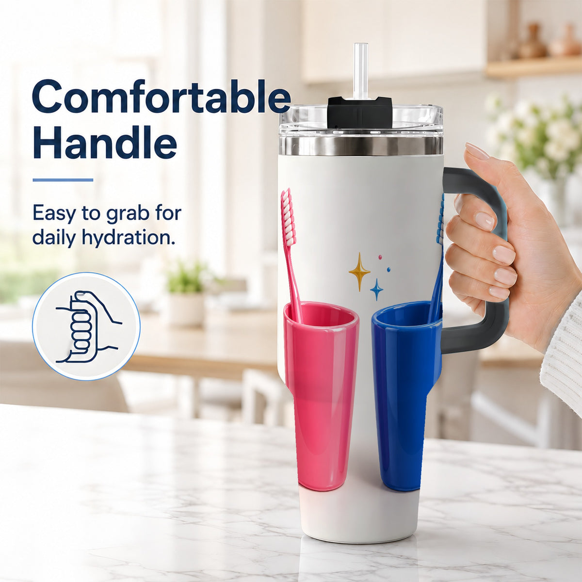 #pl[40oz|Black] Pink Blue Toothbrush Pair 40oz Tumbler with Handle, Dental Travel Cup