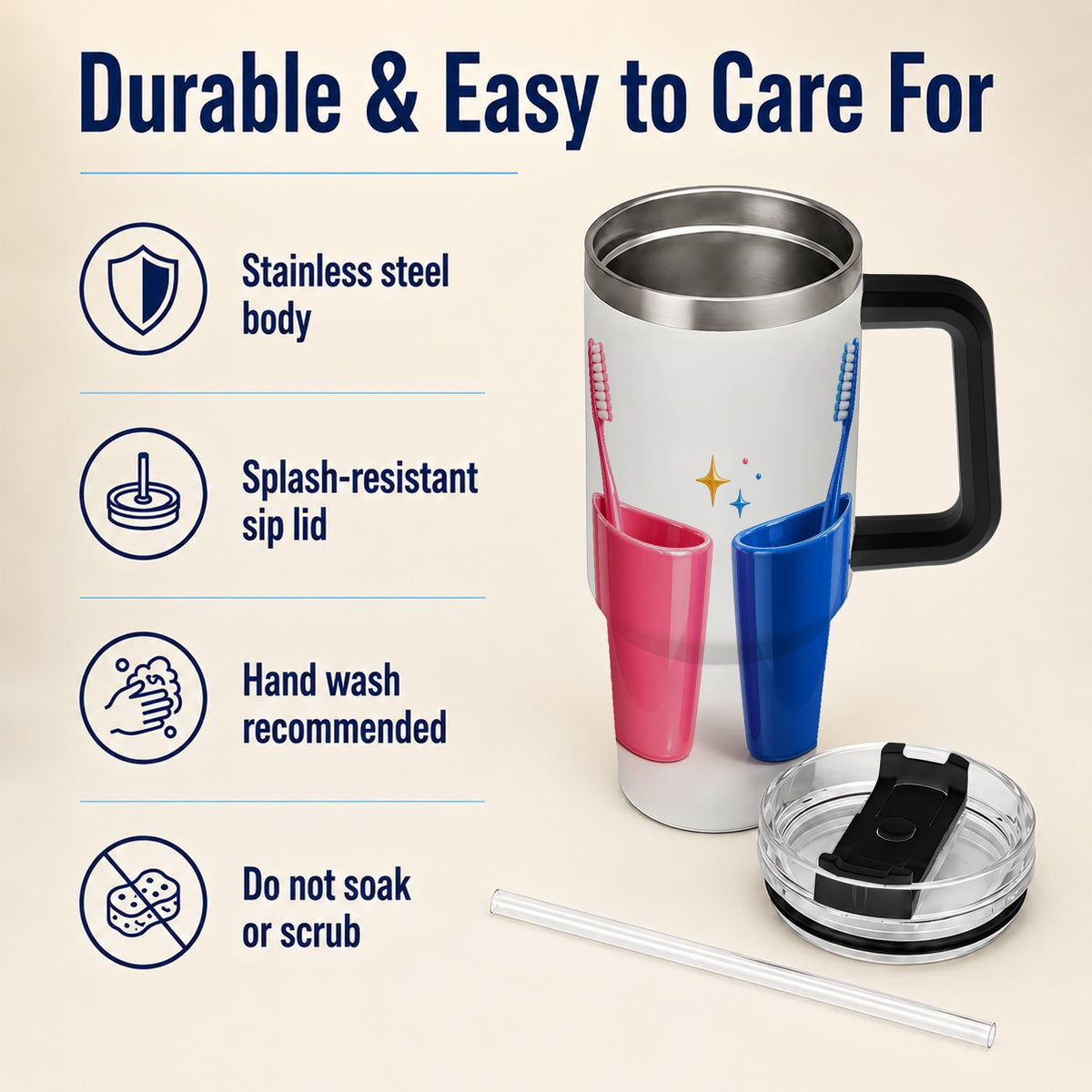 #pl[40oz|Black] Pink Blue Toothbrush Pair 40oz Tumbler with Handle, Dental Travel Cup