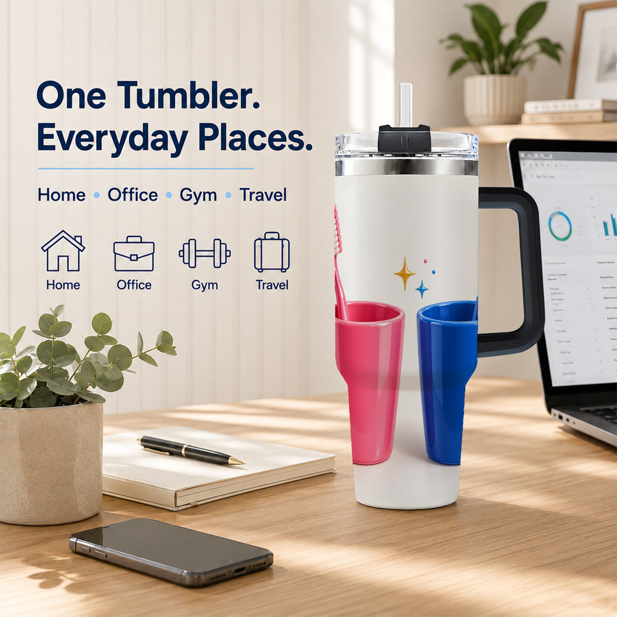#pl[40oz|Black] Pink Blue Toothbrush Pair 40oz Tumbler with Handle, Dental Travel Cup