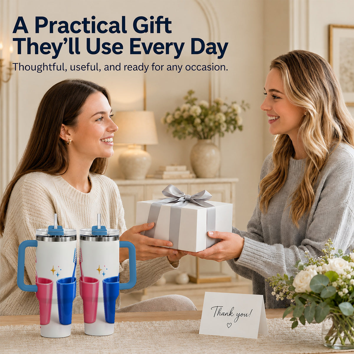 #pl[40oz|Blue] Pink Blue Toothbrush Pair 40oz Tumbler with Handle, Dental Travel Cup