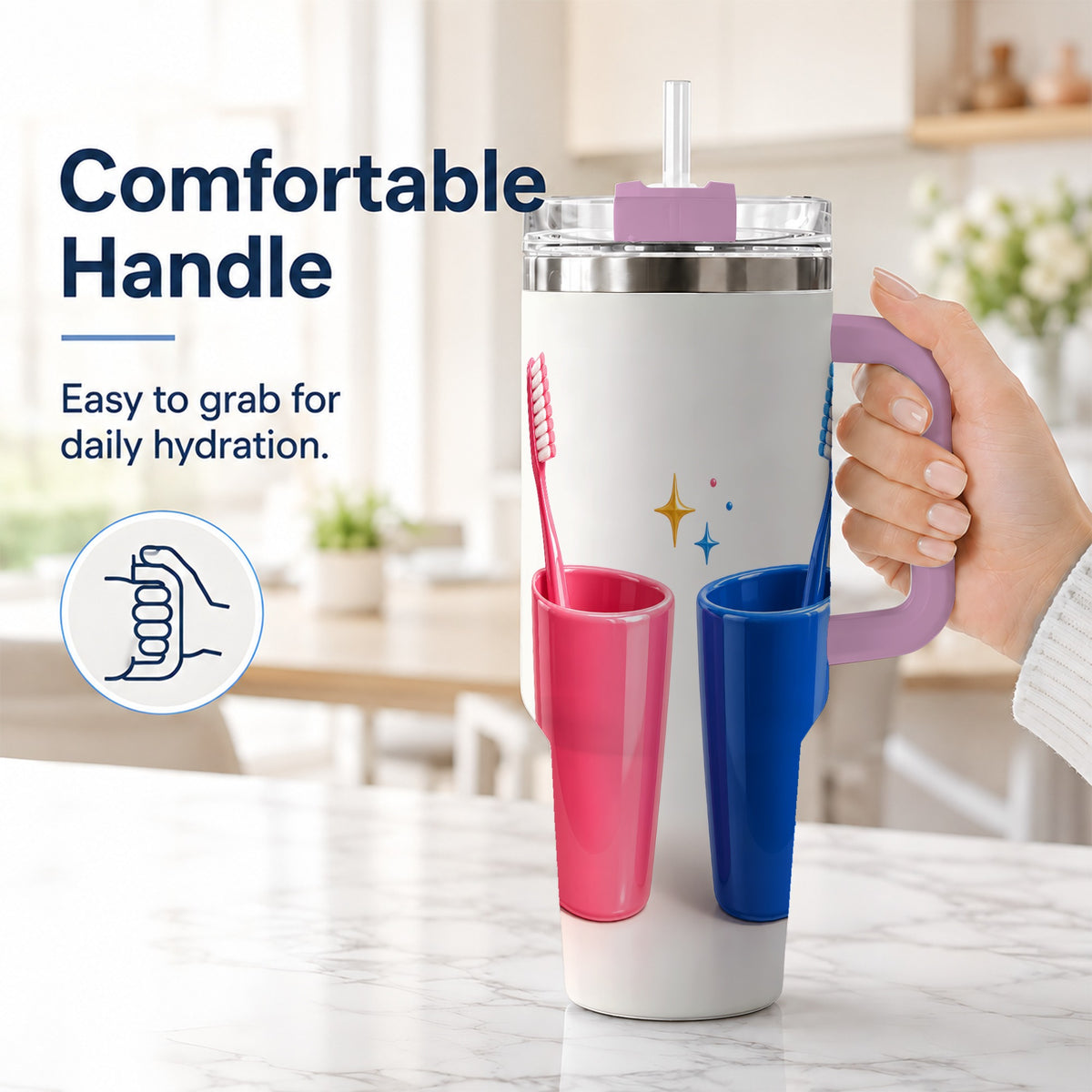#pl[40oz|Pink] Pink Blue Toothbrush Pair 40oz Tumbler with Handle, Dental Travel Cup