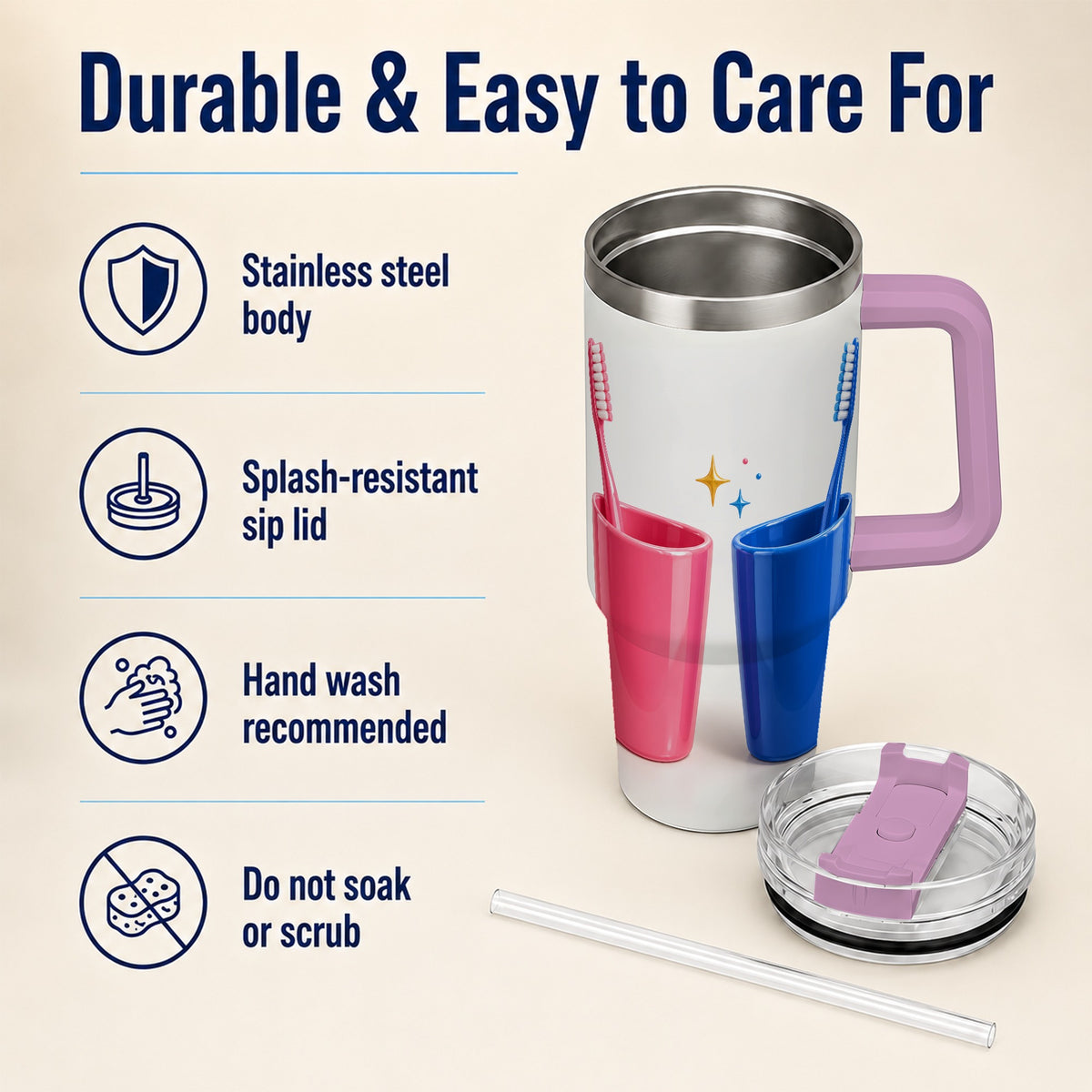 #pl[40oz|Pink] Pink Blue Toothbrush Pair 40oz Tumbler with Handle, Dental Travel Cup