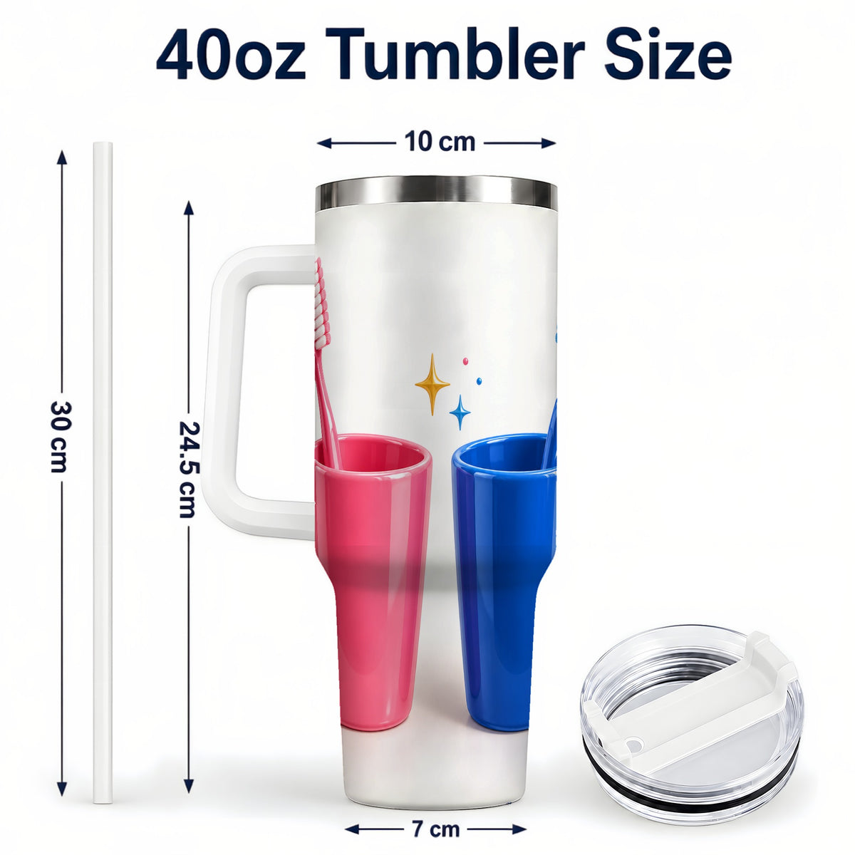 #pl[40oz|White] Pink Blue Toothbrush Pair 40oz Tumbler with Handle, Dental Travel Cup