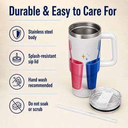 #pl[40oz|White] Pink Blue Toothbrush Pair 40oz Tumbler with Handle, Dental Travel Cup
