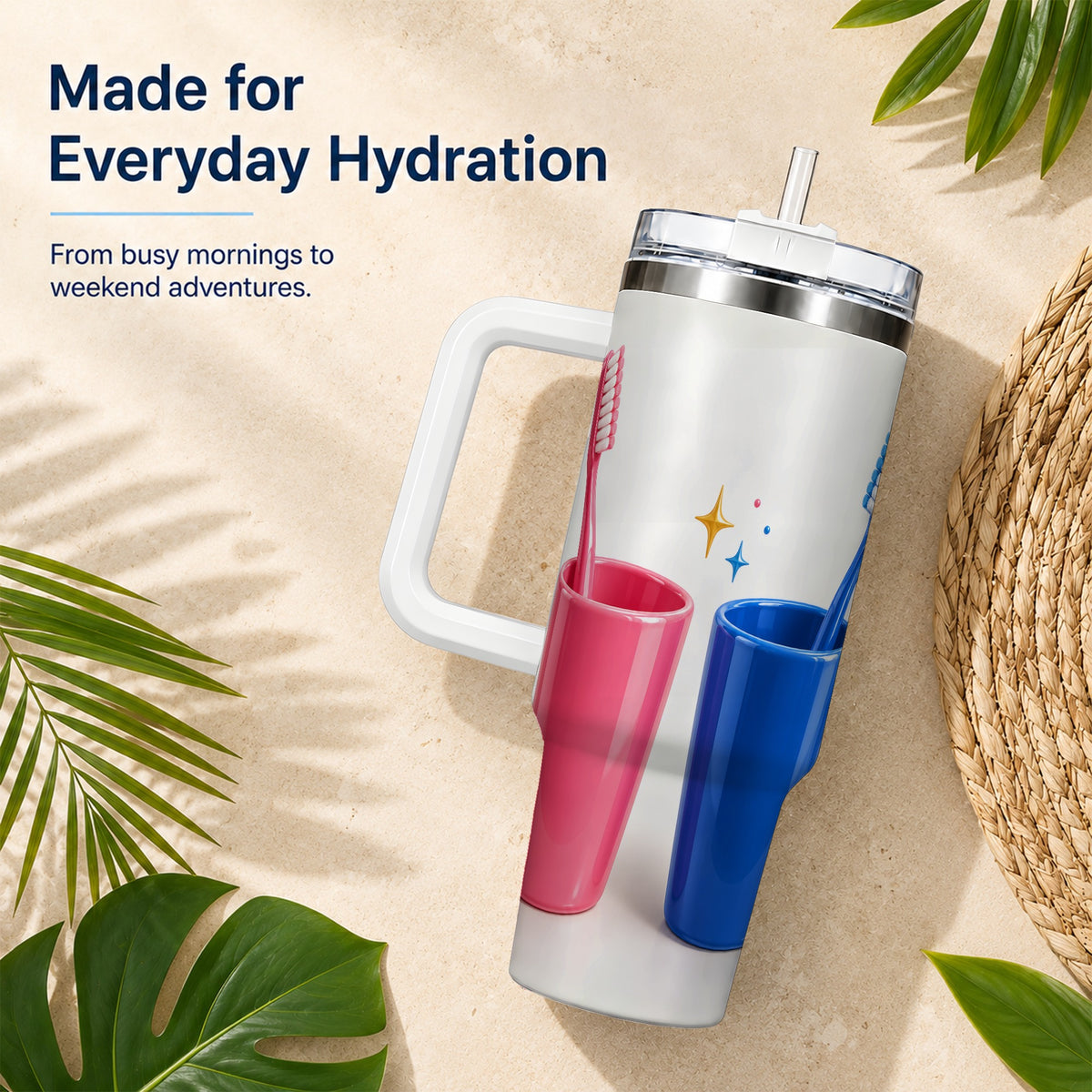 #pl[40oz|White] Pink Blue Toothbrush Pair 40oz Tumbler with Handle, Dental Travel Cup